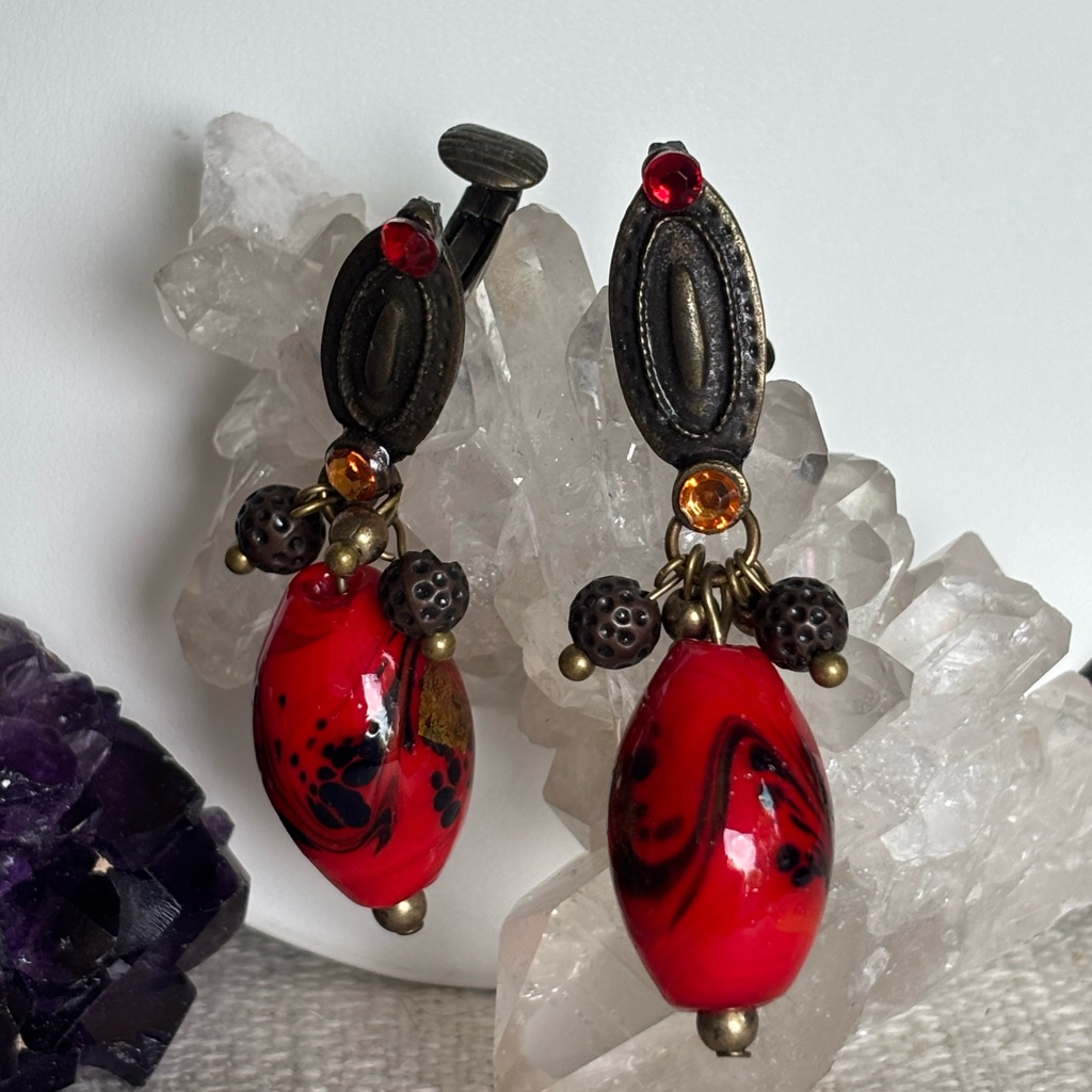 Vintage Dichroic Red Bead With Gold Flicks Clip On Dangle Earrings